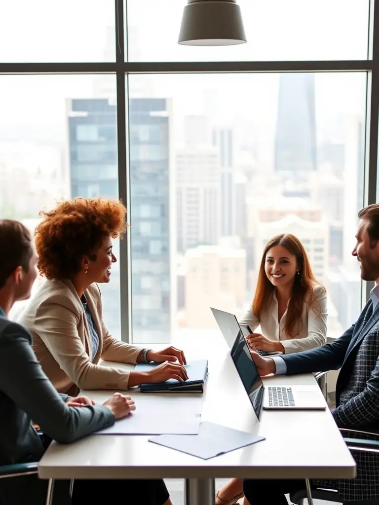 A group of diverse business professionals collaborating in a modern office space, symbolizing teamwork and business growth.