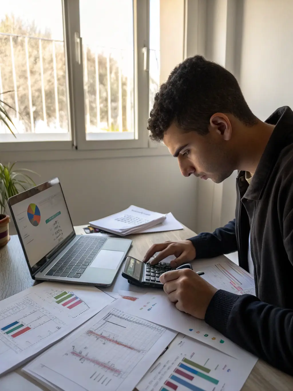 An image representing strategic financial planning, such as a person analyzing financial data with a calculator and spreadsheets.