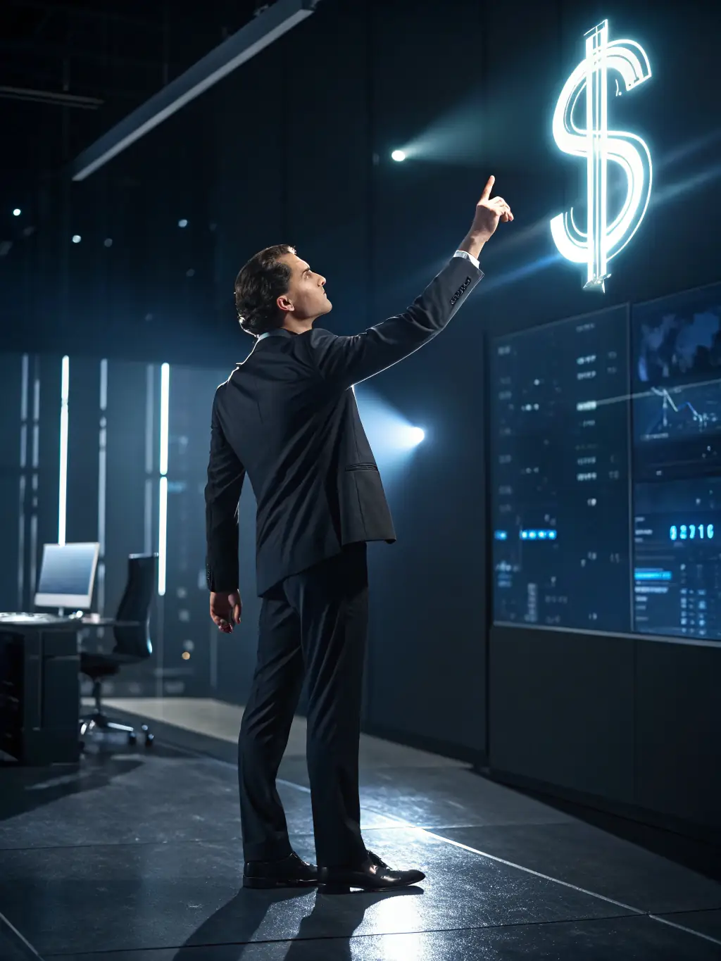 A professional business coach in a suit, smiling confidently while pointing at a financial growth chart during a coaching session.
